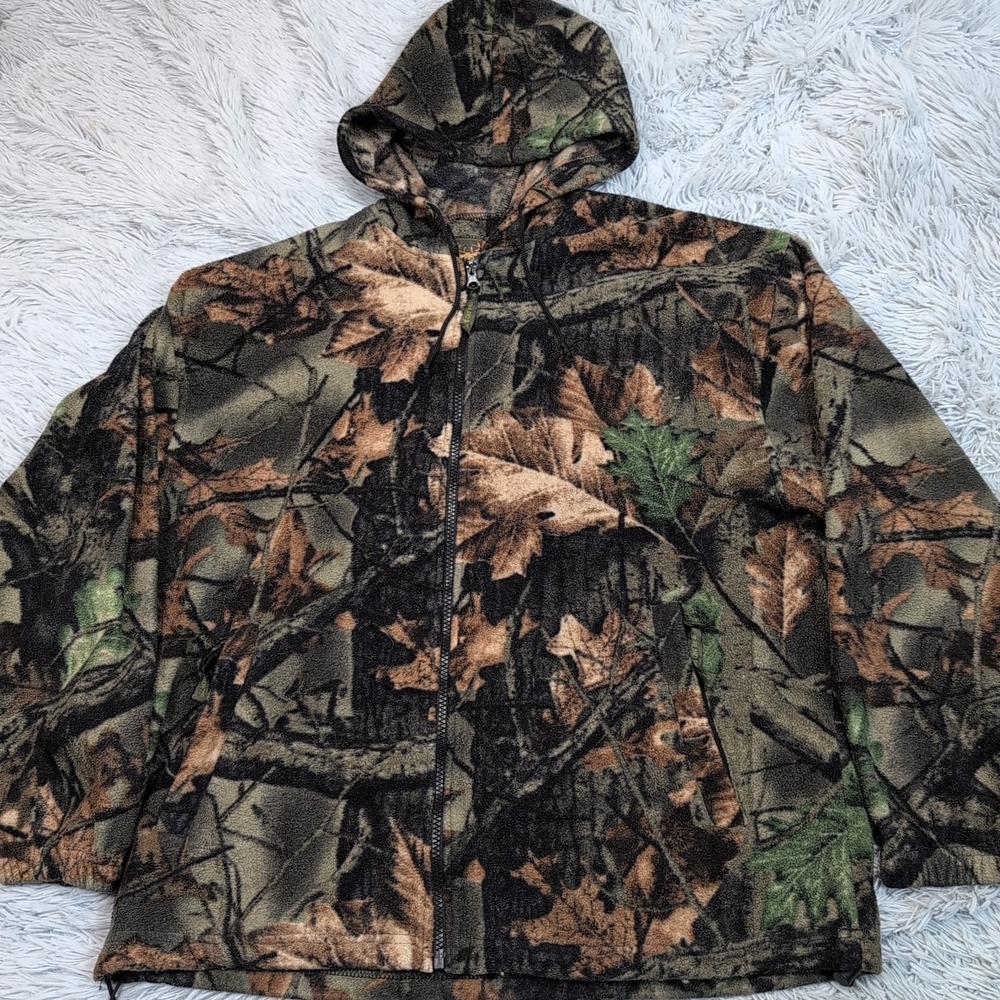 Trail Crest Jacket Mens‎ M Green Camo Hunting Hood Fleece Zip Up Pockets Soft